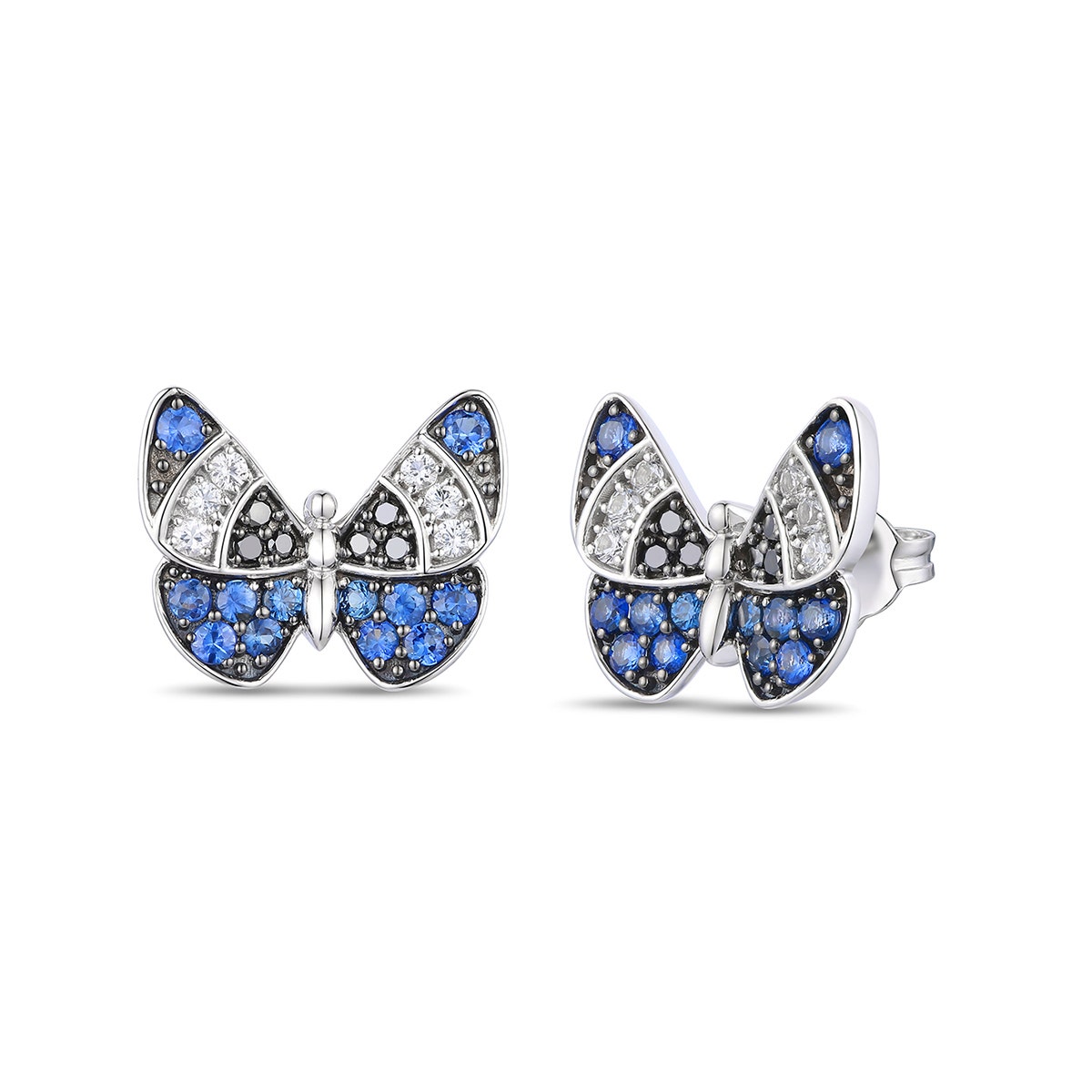 White gold round blue, black, & white sapphire butterfly earrings