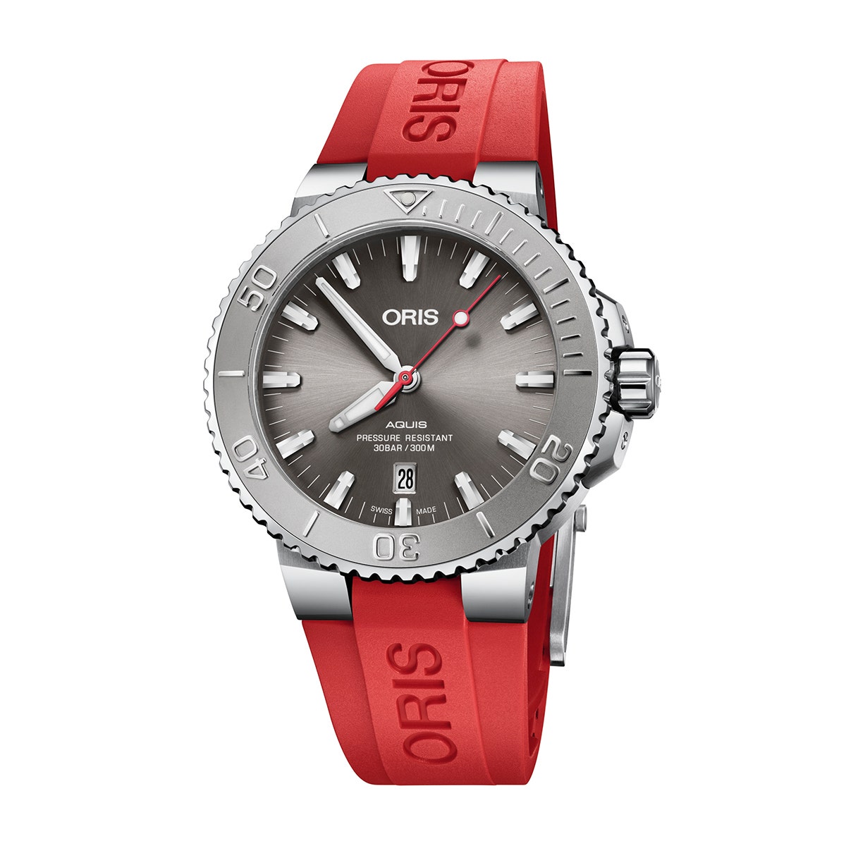 Oris Men's Aquis Date Relief Automatic Stainless Steel Watch with Gray Dial & Red Rubber Strap