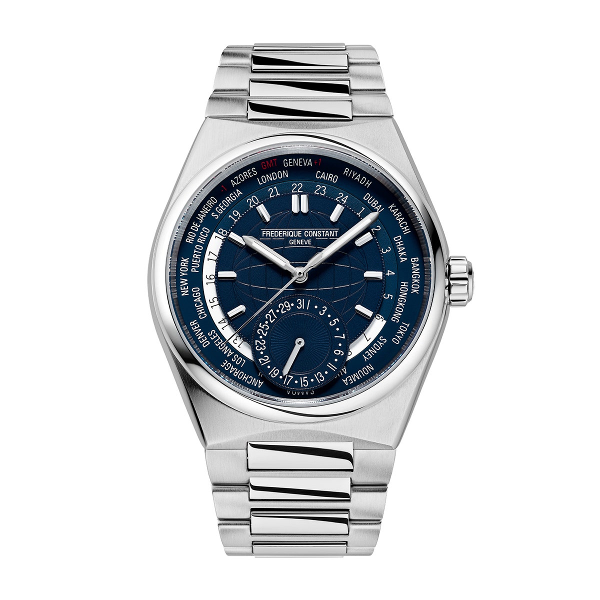 Stainless steel worldtimer automatic globe pattern blue dial Frederique Constant watch
