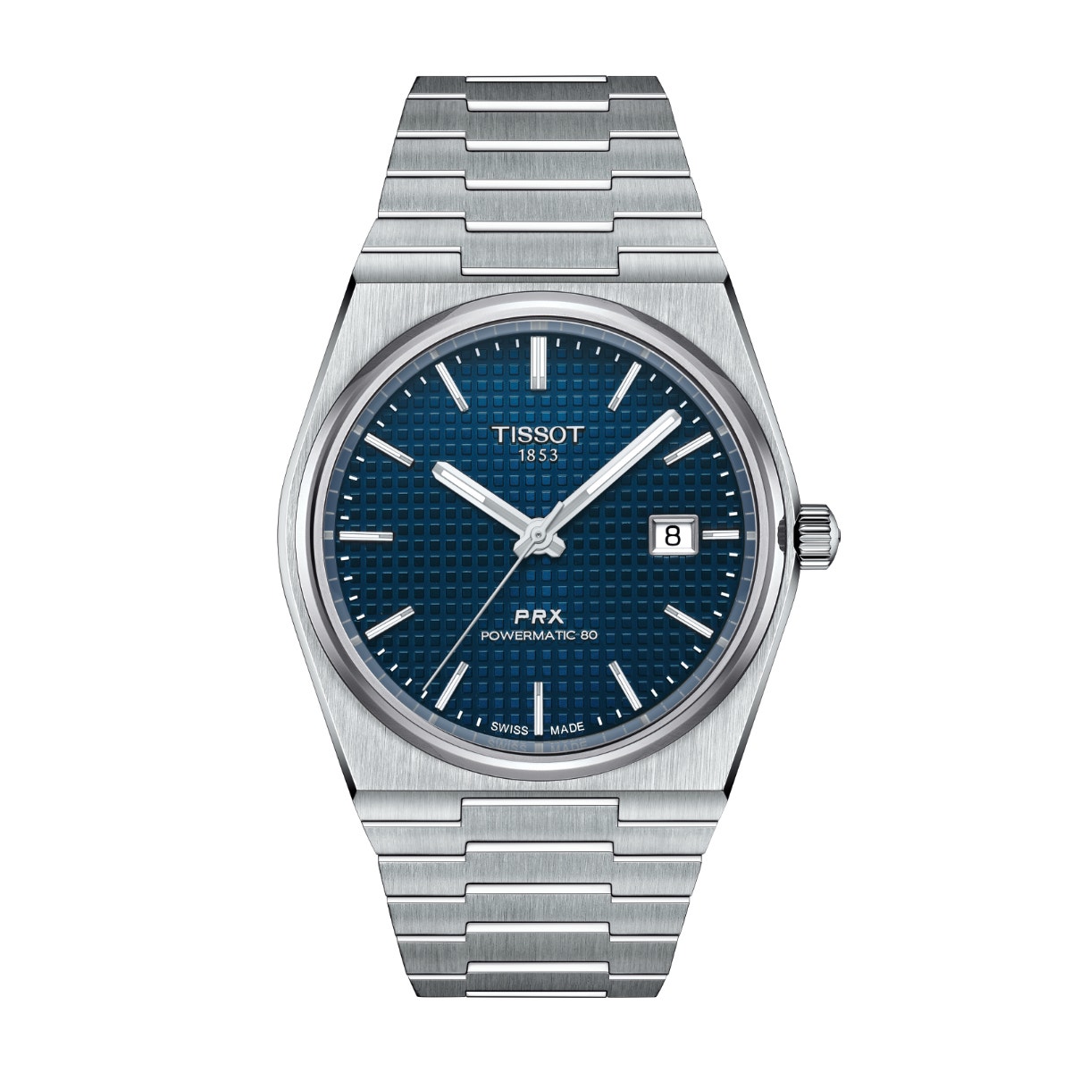 stainless steel watch with blue dial