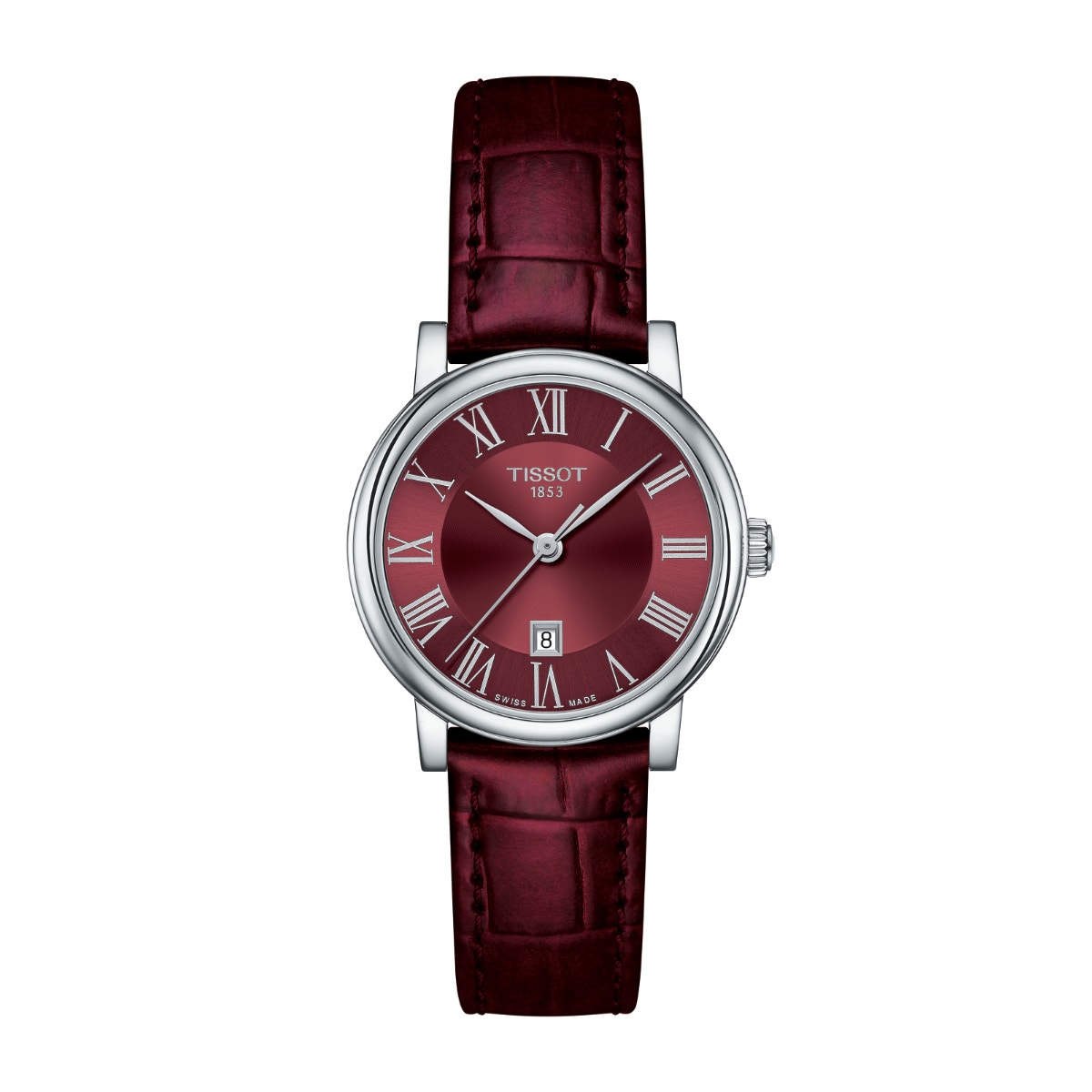 stainless steel watch with red dial and red leather strap