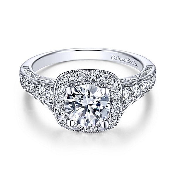 Gabriel & Co. .60 ct. Semi-Mount Halo Vintage-Style Engagement Ring with Tapered Band Design and Milgrain Edging in 14K White Gold - ER7293W44JJ
