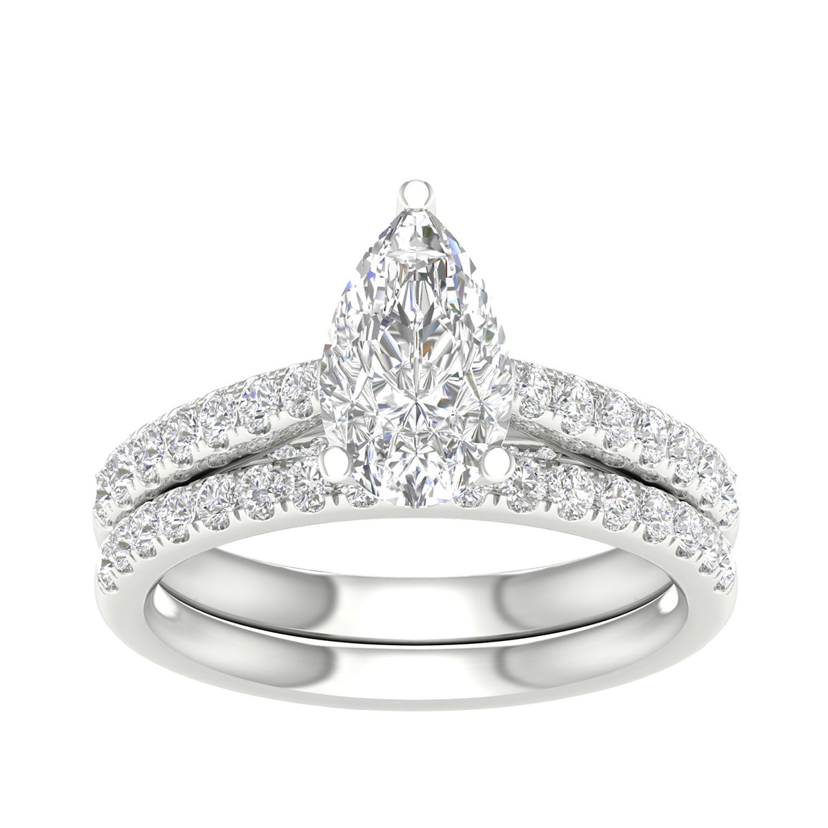 white gold pear-shaped diamond engagement ring with wedding band