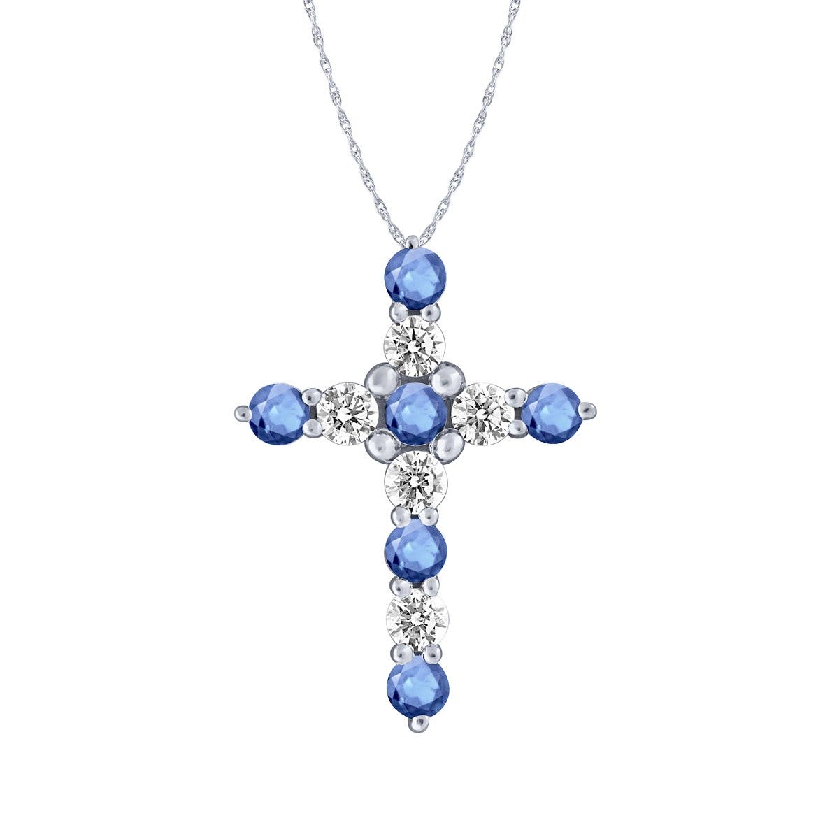 white gold alternating diamond and blue Yogo sapphire cross pendant