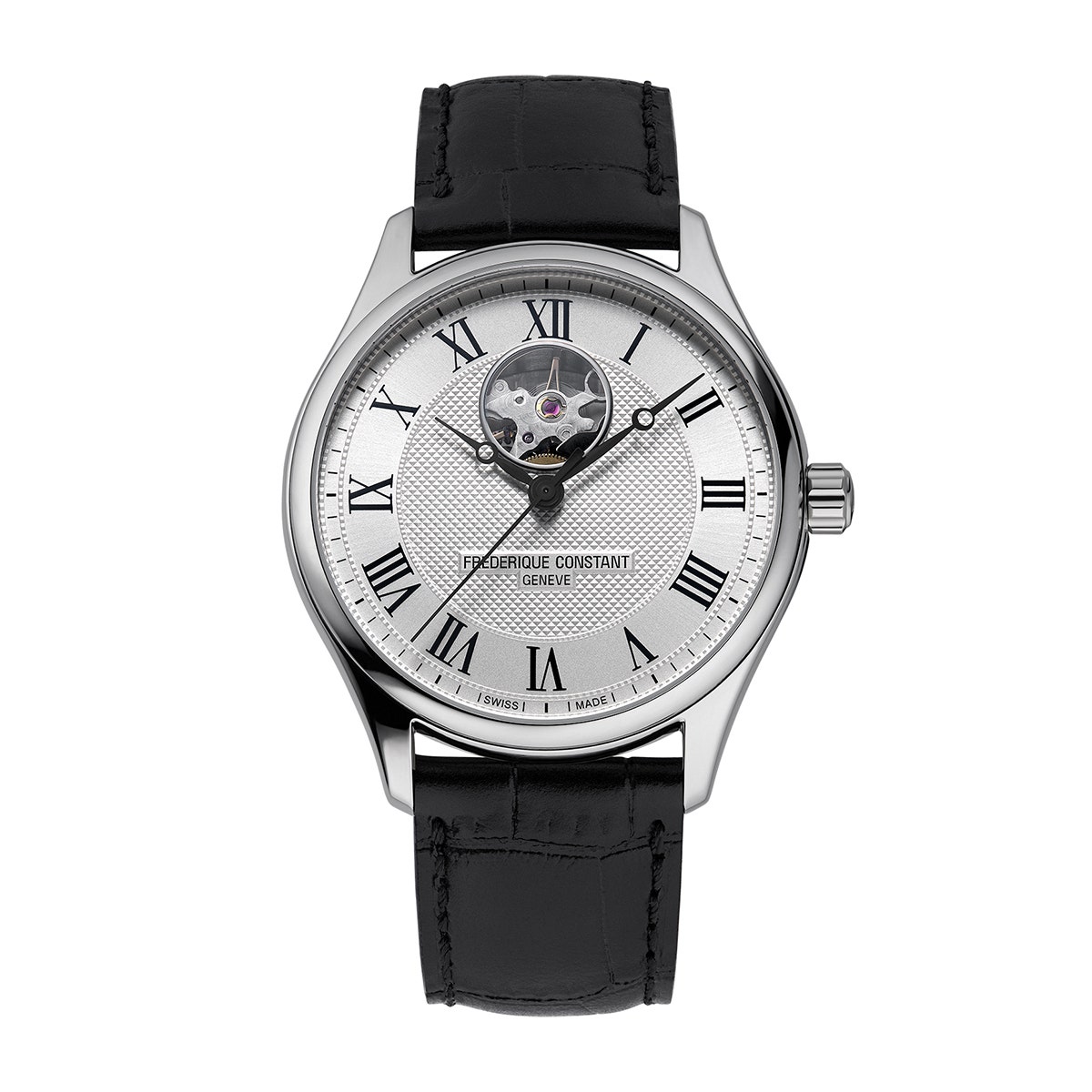 Stainless steel open aperture silver dial & black leather strap Frederique Constant watch