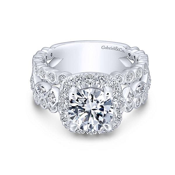 Gabriel & Co. 1-1/3 ct. tw. Round Halo Semi-Mount Engagement Ring with Filigree Design and Split Side Bands in 14K White Gold - ER13679R6W44JJ