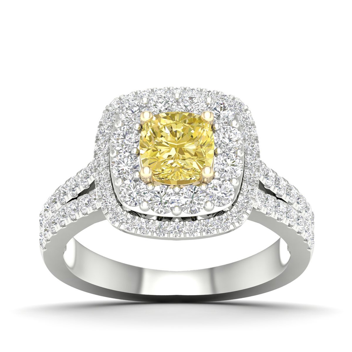 white gold cushion cut yellow diamond engagement ring with white diamond double halo and split shank