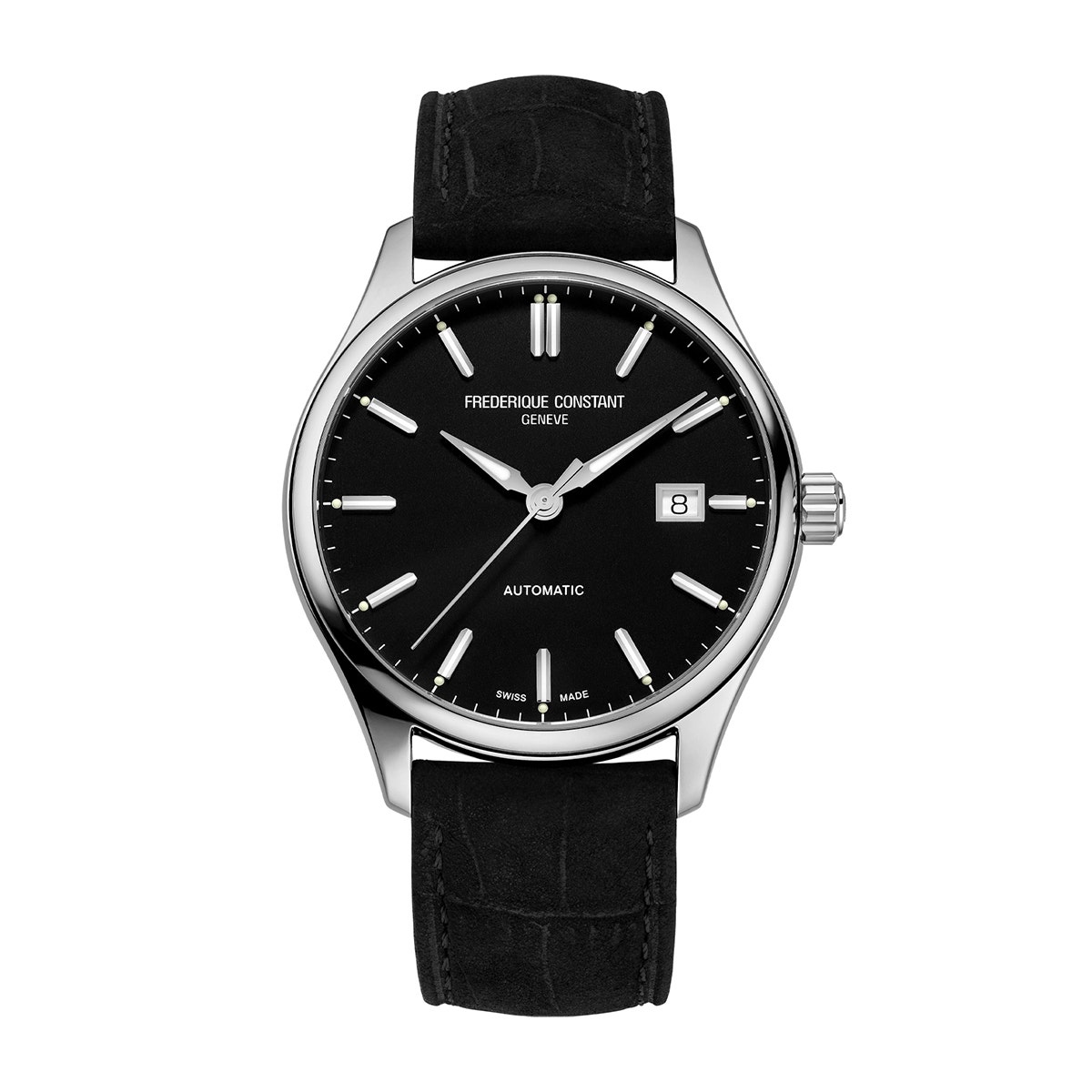 Stainless steel black dial & black leather alligator pattern strap Frederique Constant watch