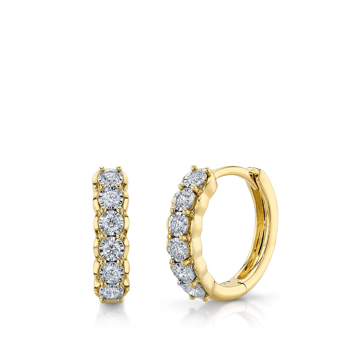 yellow gold diamond miracle plate huggie hoop earrings