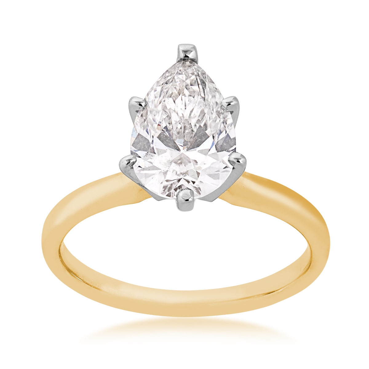 Yellow gold 2 ct. tw. pear lab-grown diamond solitaire engagement ring with six white gold prongs