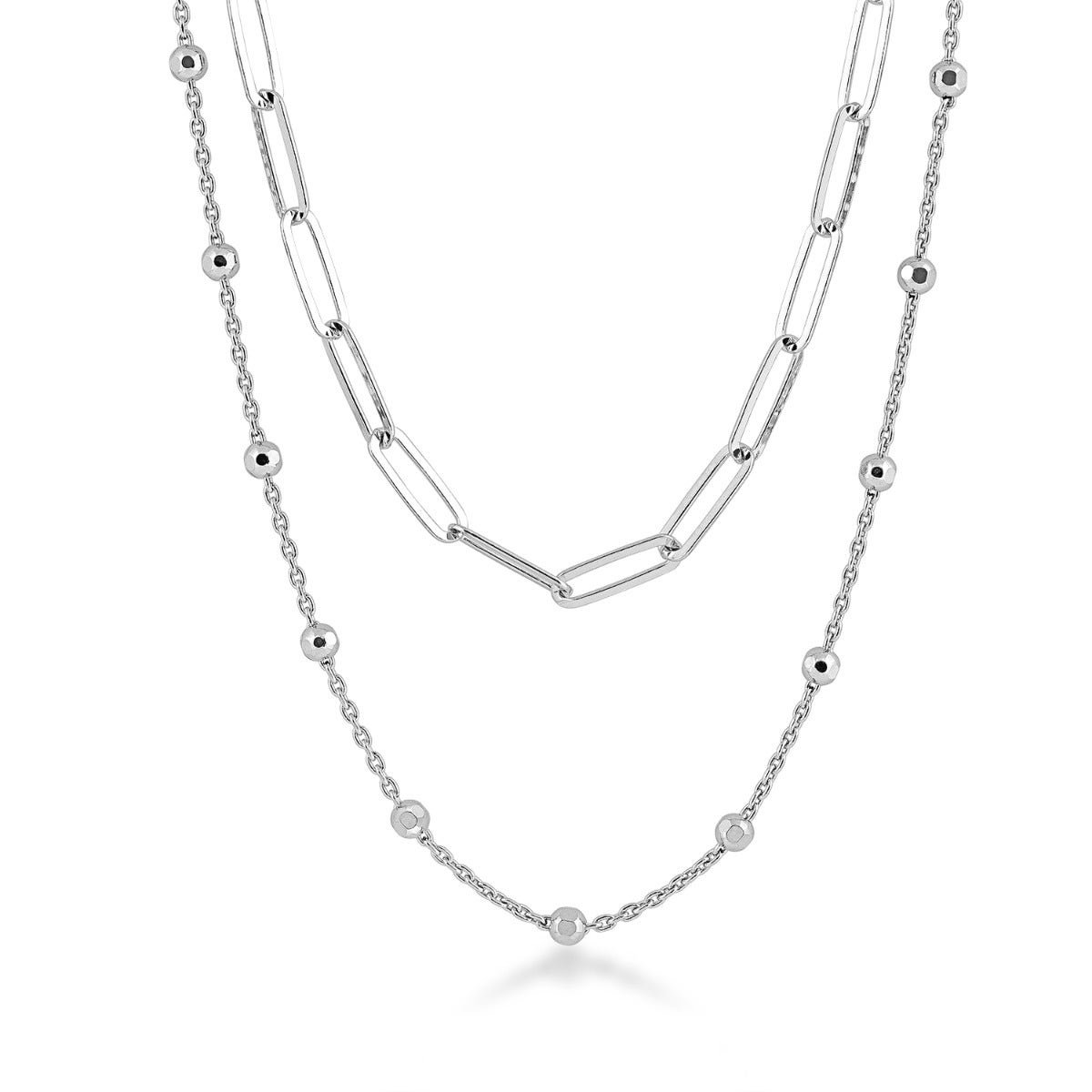 sterling silver paperclip link and cable chain ball station layered necklace