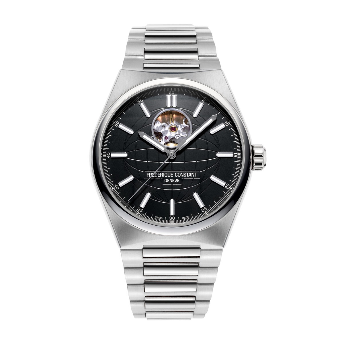 Stainless steel open aperture globe pattern black dial Frederique Constant watch