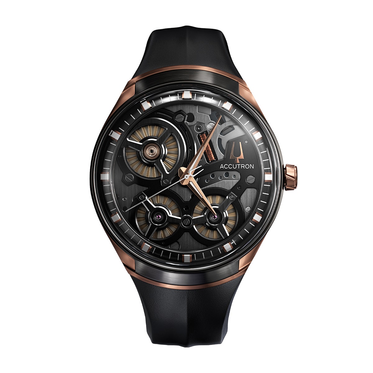 Rose gold-tone & gray stainless steel automatic Accutron watch with grey skeleton dial and black rubber strap