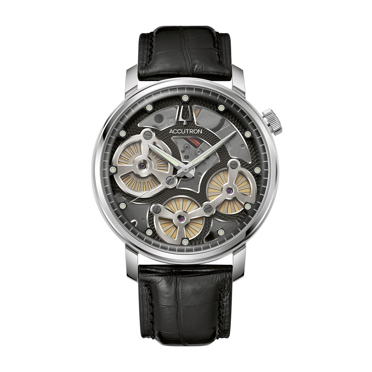 Stainless steel gray & black open-work dial Accutron watch with black alligator strap