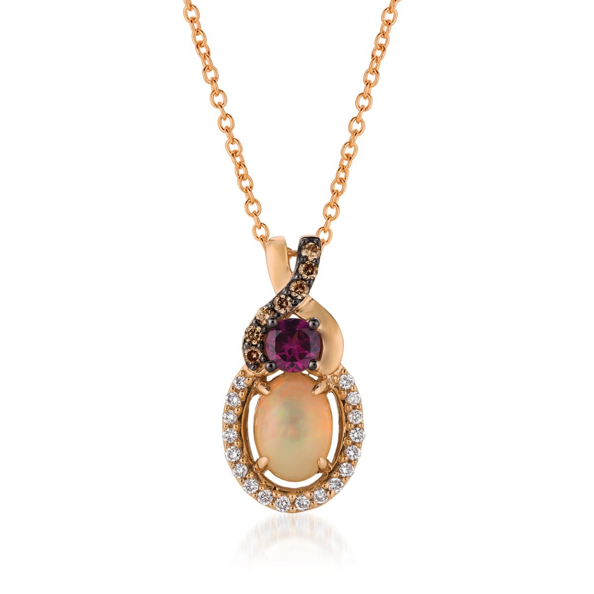opal, garnet, and diamond pink gold pendant